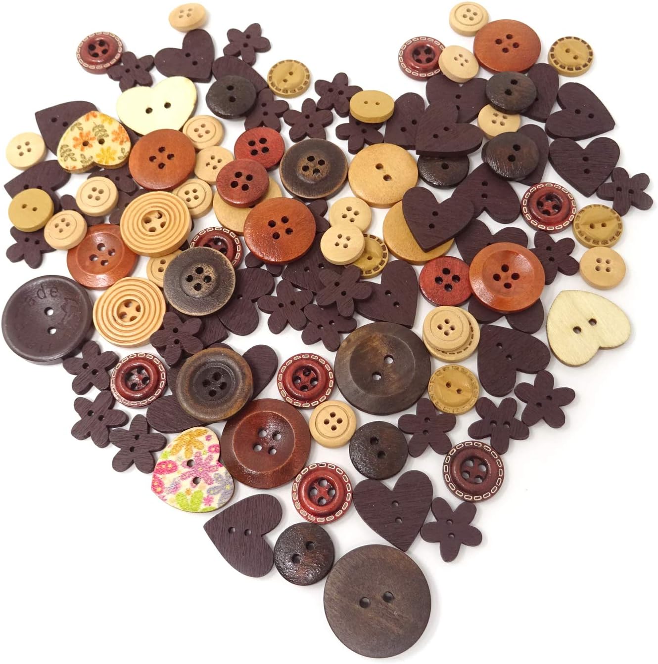 Honbay 40g Assorted Shapes Coffee Colors Retro Wooden Buttons - Love Heart, Round, Flower - 2 Holes Brown Sewing and Decorative Buttons for Clothing, Scrapbooking, Crafts, and Dolls