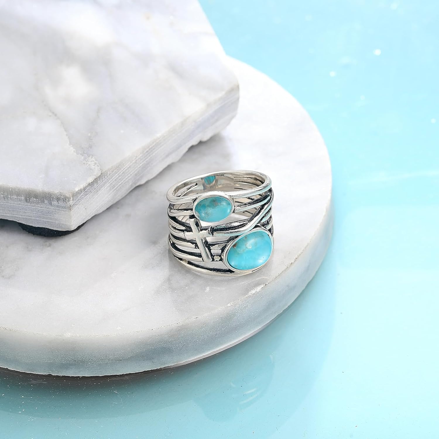 Turquoise Rings for Women, Silver Turquoise Engagement Ring with Cross, Handmade Statement Band Jewelry Gift, Size 6-9 - Image 2