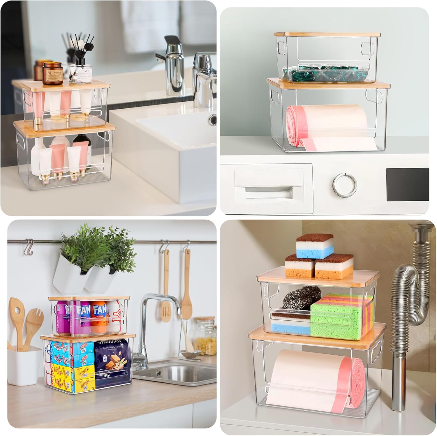 Trash Bag Holder Dispenser 2 Pack, Garbage Bag Dispenser with Bamboo Lid & Handles, Stackable Clear Trash Bag Organizer Under Sink for Kitchen, Pantry, Laundry Room, Cabinet (XL+S) - Image 6