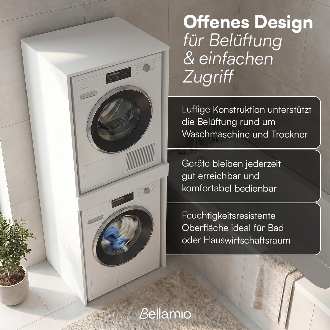 Bellamio Vist Waschmaschine Trockner Schrank – Waschmaschinenschrank mit ausziehbarer Ablagefläche – Waschturm Hochschrank 187x65x66cm mit Wandanschluss – Schrank kompatibel mit Standardgeräten – Weiß