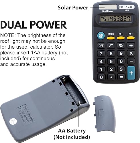 Miniatura 2 de BAZIC - Calculadora de tamaño de bolsillo de 8 dígitos, energía solar y batería de doble potencia, pantalla LCD, mini calculadoras básicas de