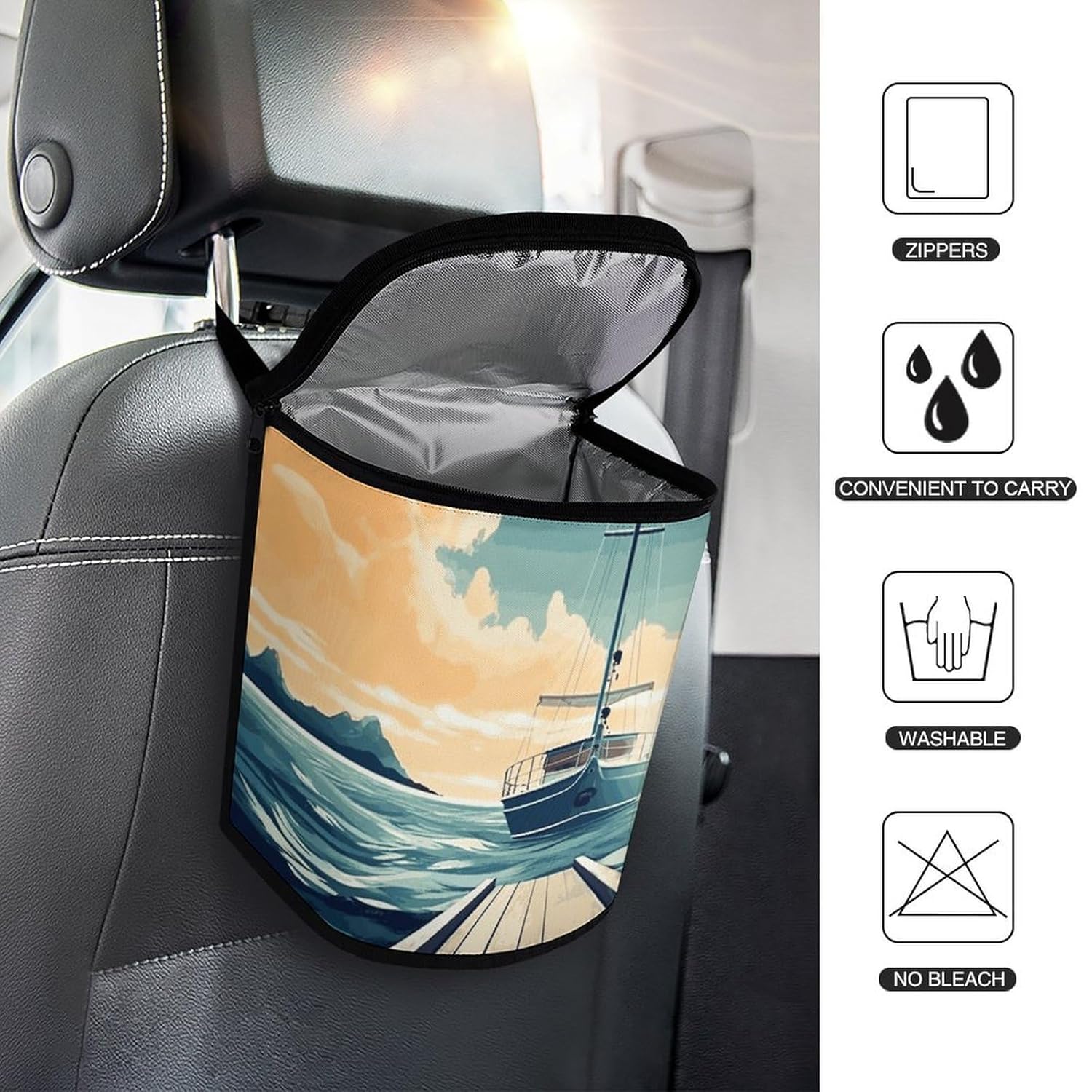 Hanging Car Trash Bag Boat Seascape Theme Printed Car Garbage Storage Bag Leakproof Car Trash Can Portable Garbage Storage Bags