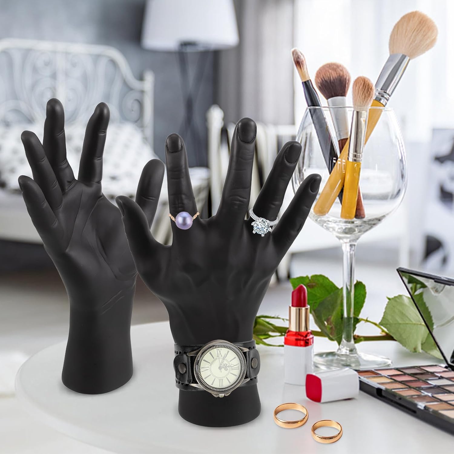 2pcs Male Mannequin Hand Jewelry Display Stand Black Plastic Forearm Male Hand Model Ring Holder Bracelet Organizer for Retail and Desktop Use