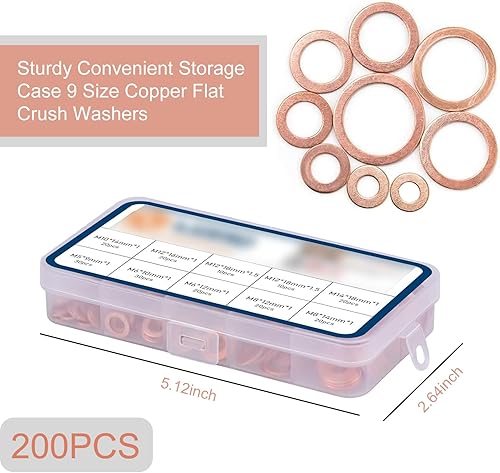 Miniatura 3 de leechio Juego de 200 arandelas de cobre, resistentes a altas temperaturas, M5, M6, M8, M10, M12, M14, arandelas de sellado de cobre a prueba de
