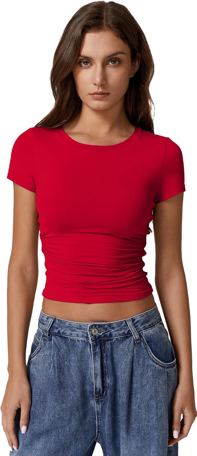 QINSEN Short Sleeve Shirts for Women Round Neck Basic Double Lined Tees Fitted Y2k Crop Tops - Image 4