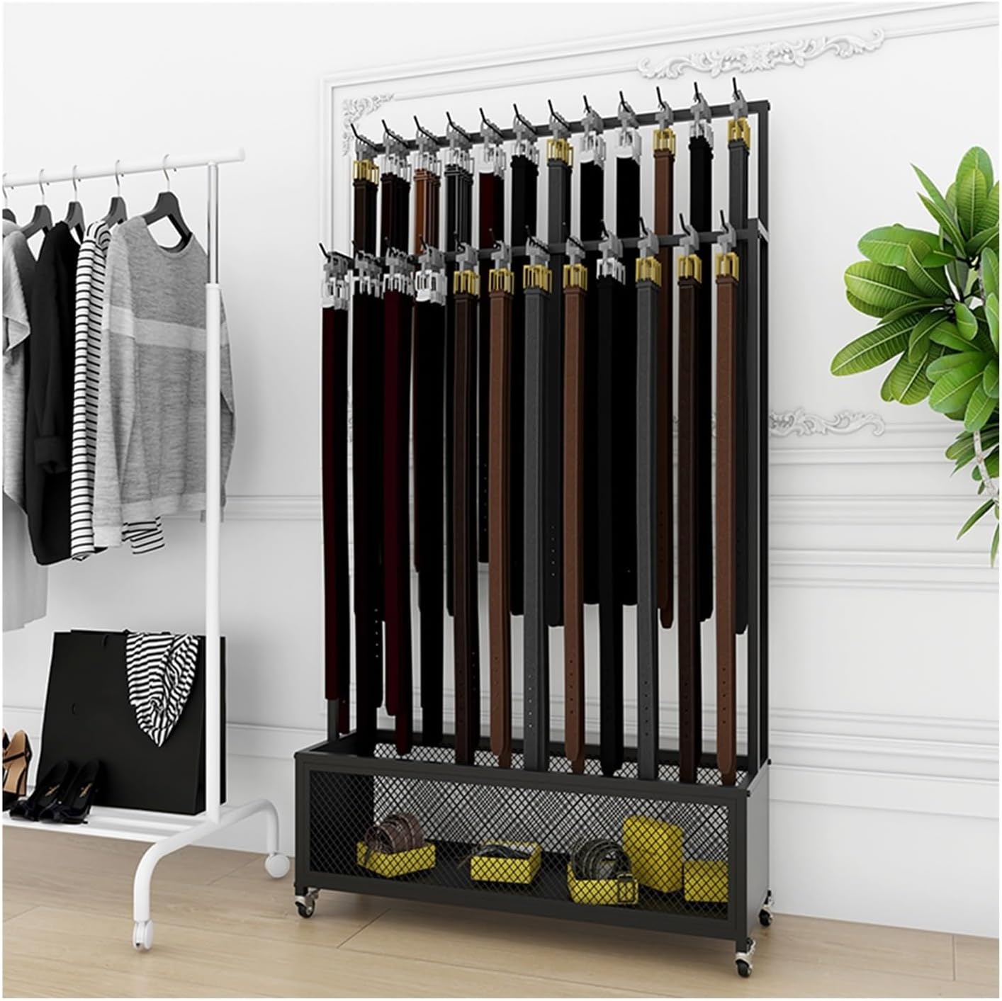 Floor Stand Belt Metal Display Rack, Commercial Clothing Store Retail Storage Holder, Movable Hanging Handbag Scarf Umbrella Shelves, Multifunctional Accessory Organizer (Color : Black, Siz