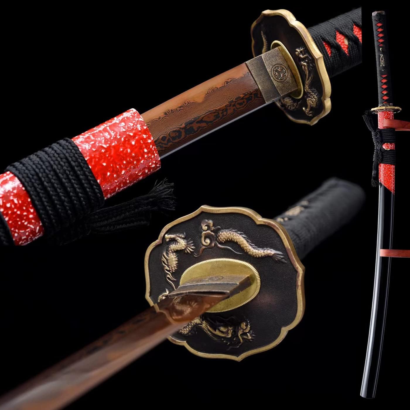 HERO SWORD-Handmade Black Red Clay Tempered Folded Steel Japanese Samurai Sword Dragon Katana Real Hamon Full Tang Sharp Blade Combat Ready