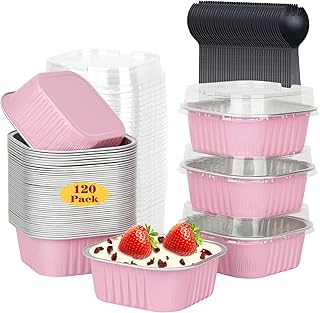 120pack 5oz Mini Cake Tins Cupcake Pan with Lids,LNYZQUS Aluminum Foil Baking Cups,Disposable Ramekins Small Brownie Muffin Pans Mini Cheesecake Containers for Home Bakery-Pink