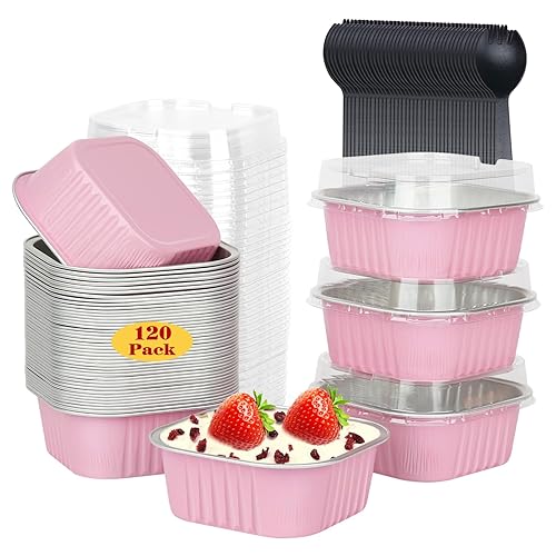 LNYZQUS 120pack 5oz Mini Cake Tins Cupcake Pan with Lids, Aluminum Foil Baking Cups,Disposable Ramekins Small Brownie Muffin Pans Mini Cheesecake Containers for Home Bakery-Pink - 120pack-Pink