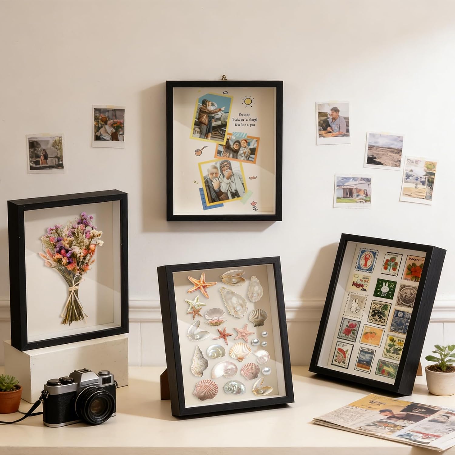 4 Pack 8"x 10" Shadow Boxes Frame Display Cases, MDF Wood Deep Shadowbox Display Frame with Acrylic Surface for Photos, Dried Flowers, Keepsakes,Handicrafts Picture Frames for Wall Tabletop (Black)