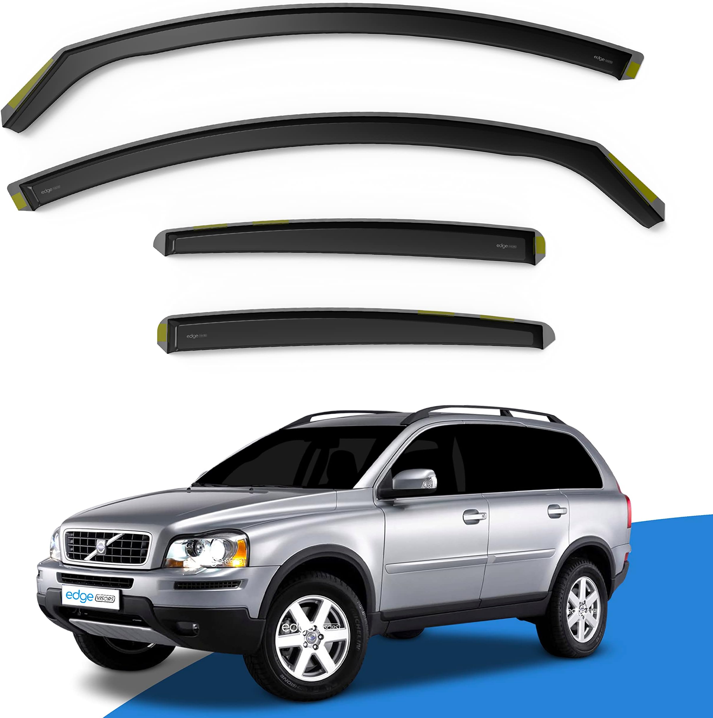 EdgeVisors Wind Deflectors | Fits: Volvo XC90 MK1 (2003-2015) 5 Door SUV 4pc Set | In-Channel Rain Guards for Wind, Rain & Sun Protection, Easy Installation - Tinted