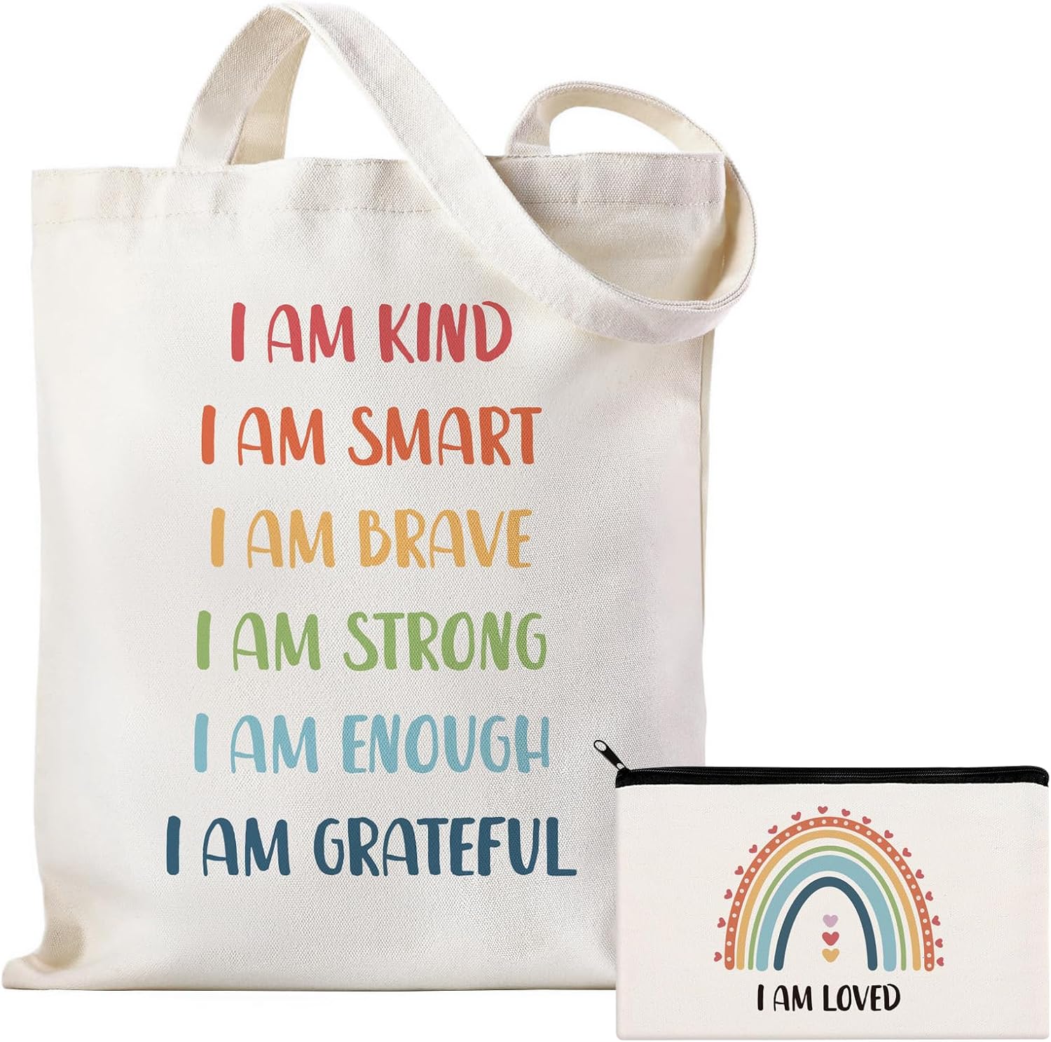 Fantasyon Positive Affirmations Gifts for Women Inspirational Canvas Tote Bag with Rainbow Makeup Bag I Am Kind I Am Smart Motivational Gifts for Women Teacher Nurse Coworker Birthday School Supplies