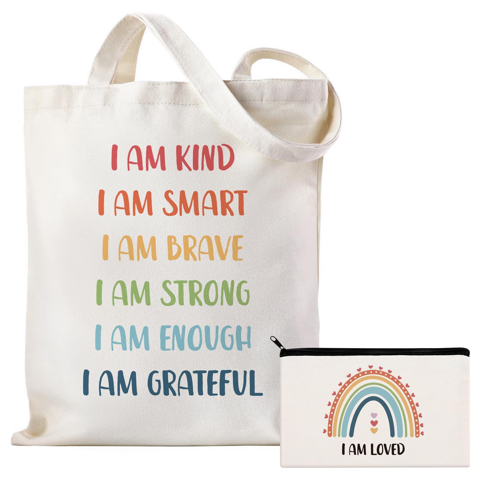 Positive Affirmations Gifts for Women Inspirational Canvas Tote Bag with Rainbow Makeup Bag I Am Kind I Am Smart Motivational Christmas Gifts for