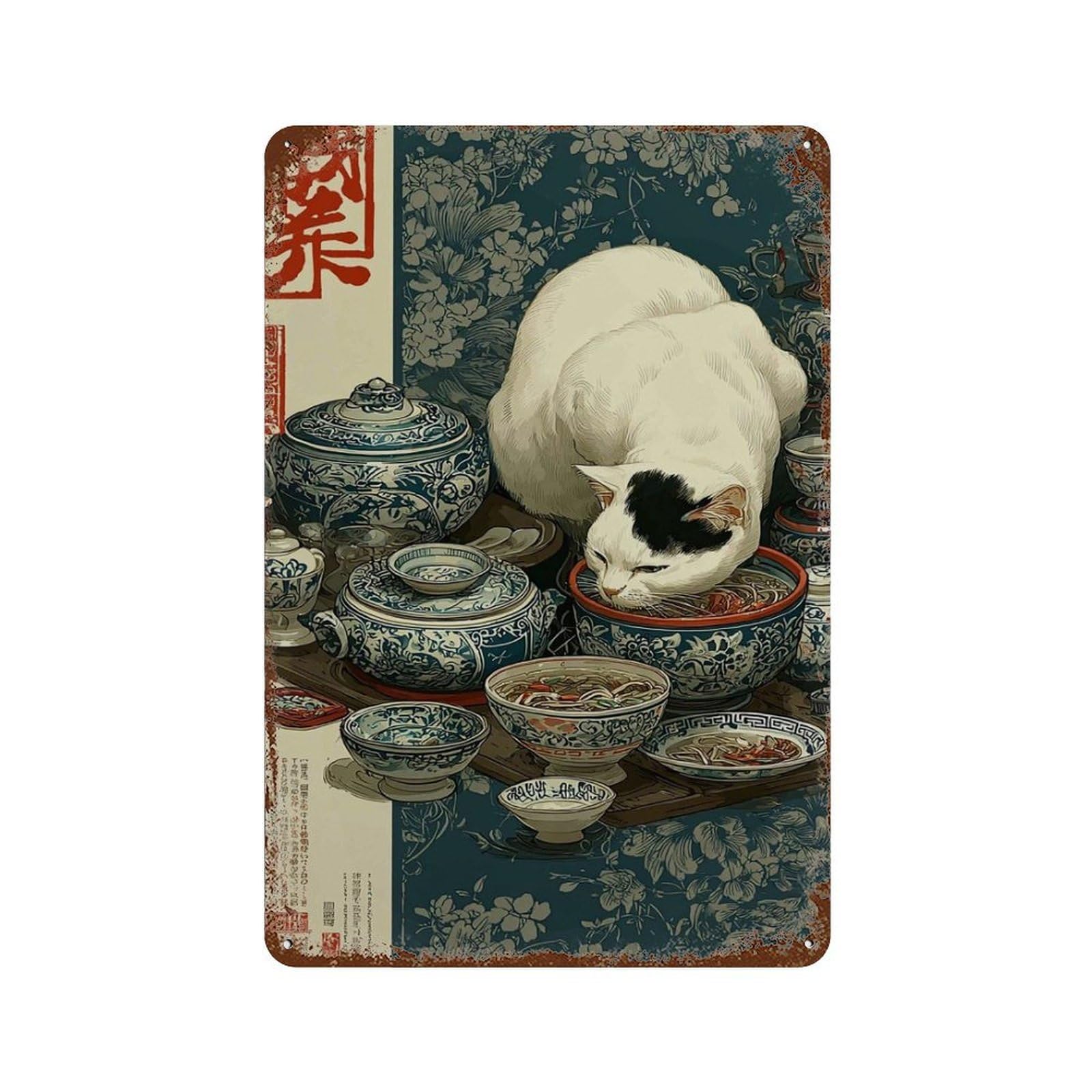 xiaoxiaoshen Cat Chinese Porcelain Style – Asian with Noodles & Blue Pottery Wall Decor Art Metal Tin Poster Modern Home Decor Art Home Bar Shop Decorations Vintage Sign 30x20cm