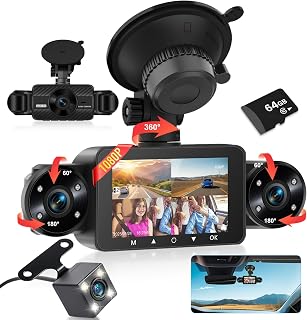 Dashcam vorne und hinten innen, 4-Kanal-Dashcam 3" IPS-Bildschirm vorne und hinten mit G-Sensor, 24 Stunden Parken, 8 IR-Nachtsichtlichter, Loop-Aufnahme, Rückwärtshilfe + 64-GB-Karte