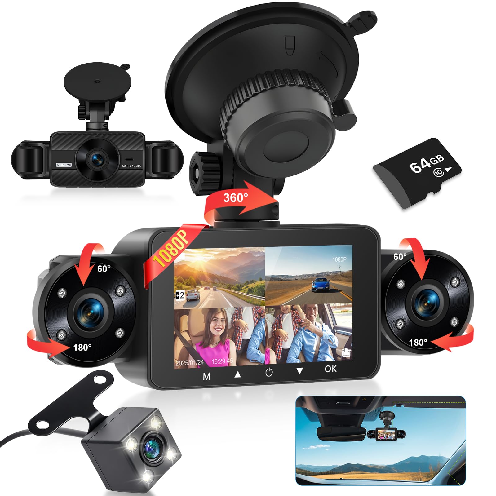Dash CAM Delantera y Trasera en El Interior, Dash CAM de 4 Canales Pantalla IPS de 3" Delantera y Trasera con Sensor-G, Estacionamiento Las 24H, Visión Nocturna, Grabación en Bucle +Tarjeta de 64 GB