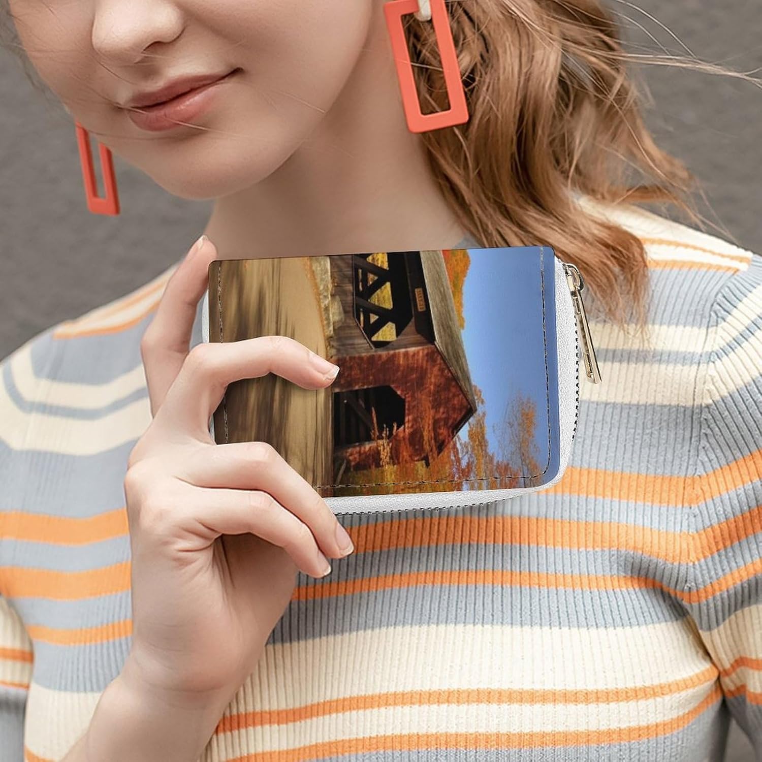 Leather Card Organizer Case Card Wallet Credit Card Holder Albany Covered Bridge Printed Zipper Card Cases Holder for Women Men