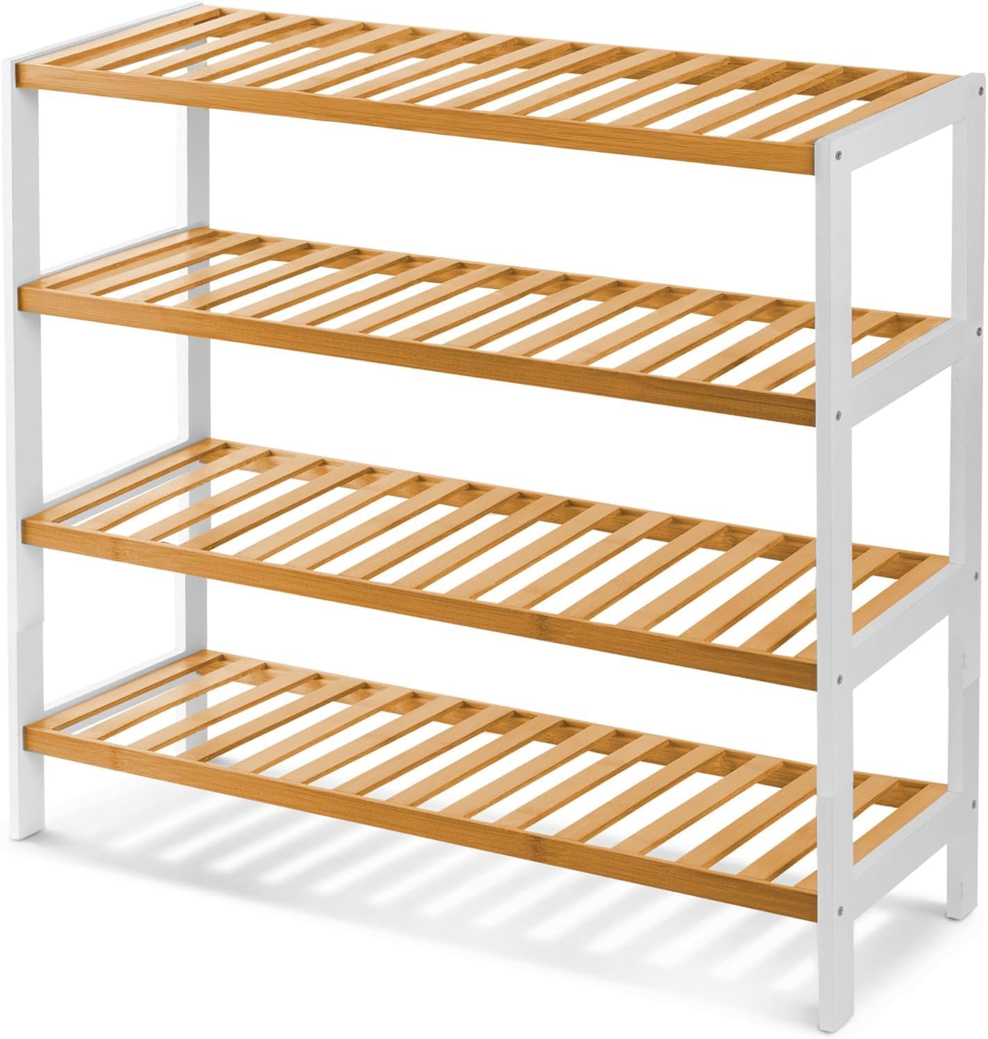KEPLIN Bamboo Shoe Rack Organiser, 4 Tier, Holds 12 Pairs, White/Natural