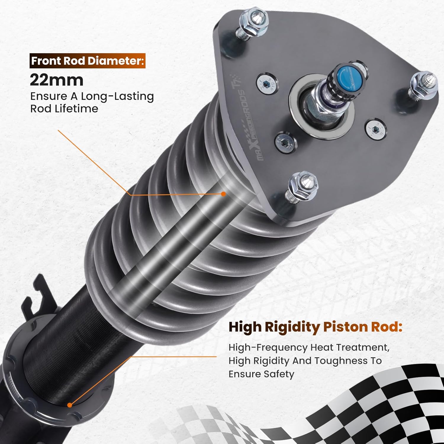 Close-up of a coilover's piston rod, emphasizing its 22mm diameter and high rigidity.