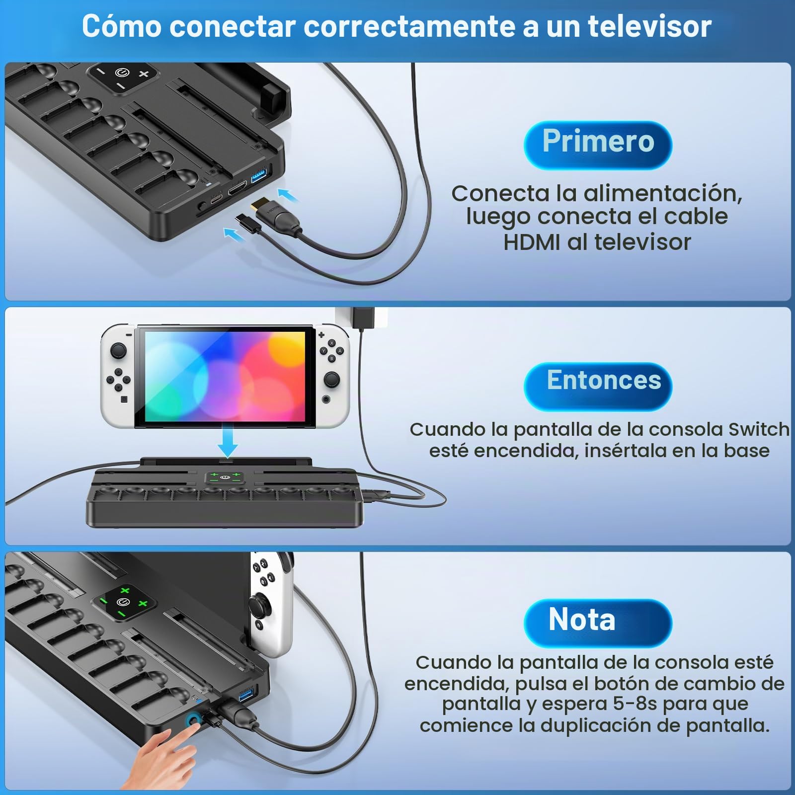 Switch TV Dock para Nintendo Switch/OLED con Base de Carga para Joycon, Soporte para Nintendo Switch con Adaptador HDMI, Puerto USB 3.0 y Accesorio para 10 Tarjetas de Juego, No para Switch2