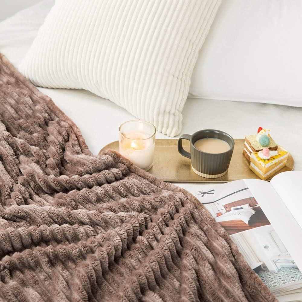 MIULEE Fleece Throw Blanket for Couch 300GSM Super Soft Lightweight Plush Striped Blanket, Brown Warm Cozy Breathable Ribbed Flannel Blanket for Bed/Sofa, Twin Size 60"x80" - Image 2