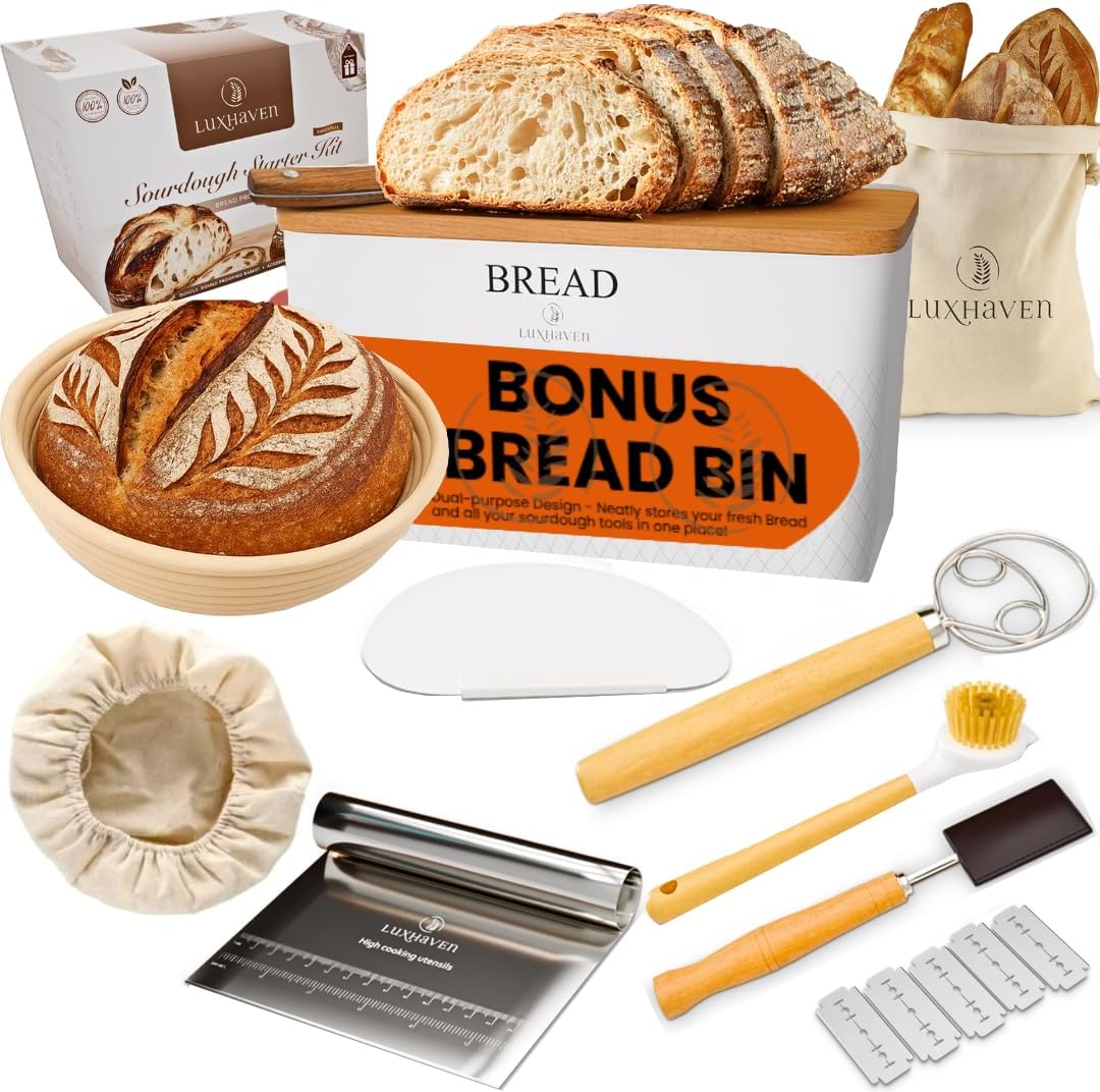 Sourdough Bread Baking Supplies Kit – 9 Inch Proofing Basket with Liner, Metal Bread Box with Bamboo Cutting Board Lid - E-Recipe Book - Storage Bag & Sour Dough Tools & Accessories Essential (Round Basket + Accessories + Bread Box)