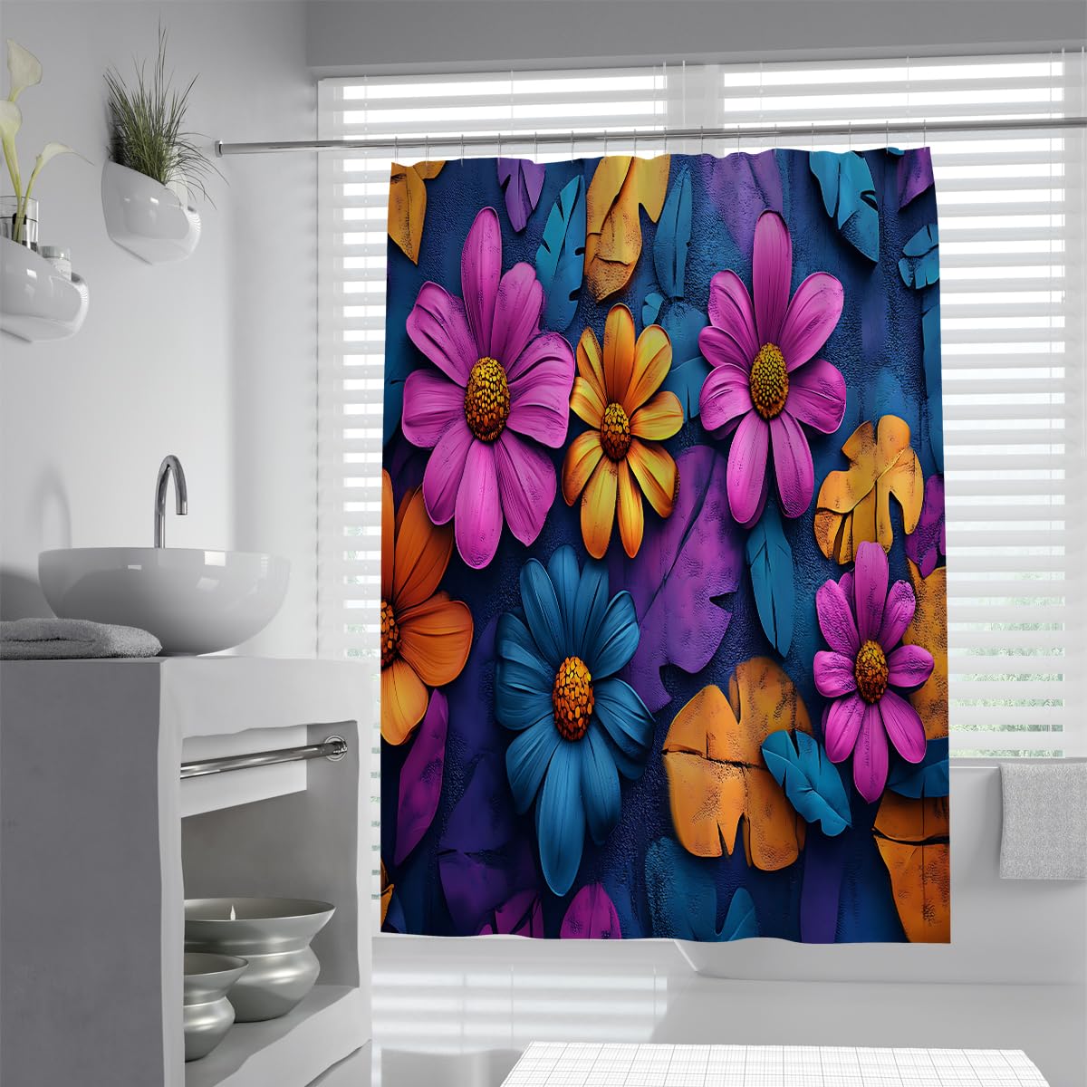 Rideau Douche Fleurs Vives déco Salle de Bain Boho W120xL200 cm