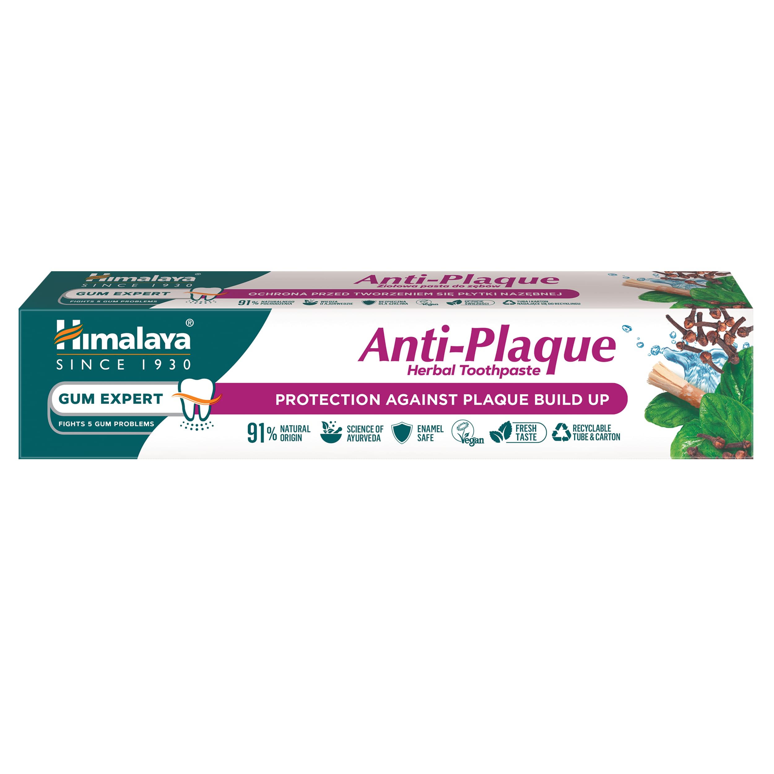 Himalaya Anti-Plaque Herbal Toothpaste 75ml | Fluoride-Free, Natural Origin | Clove, Cinnamon & Miswak for Plaque Defense & Gum Health | Fresh Breath, Vegan & Eco-Friendly Packaging