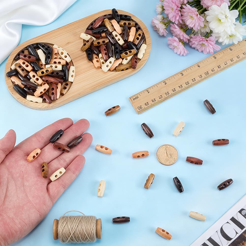 FINGERINSPIRE 150 Pcs Mini Wooden Toggle Buttons 20x8mm Olive Shape Buttons with 2-Holes 6 Colors Natural Wood Sewing Buttons for Clothes Decor Coat Trench Coat Fasteners image 3