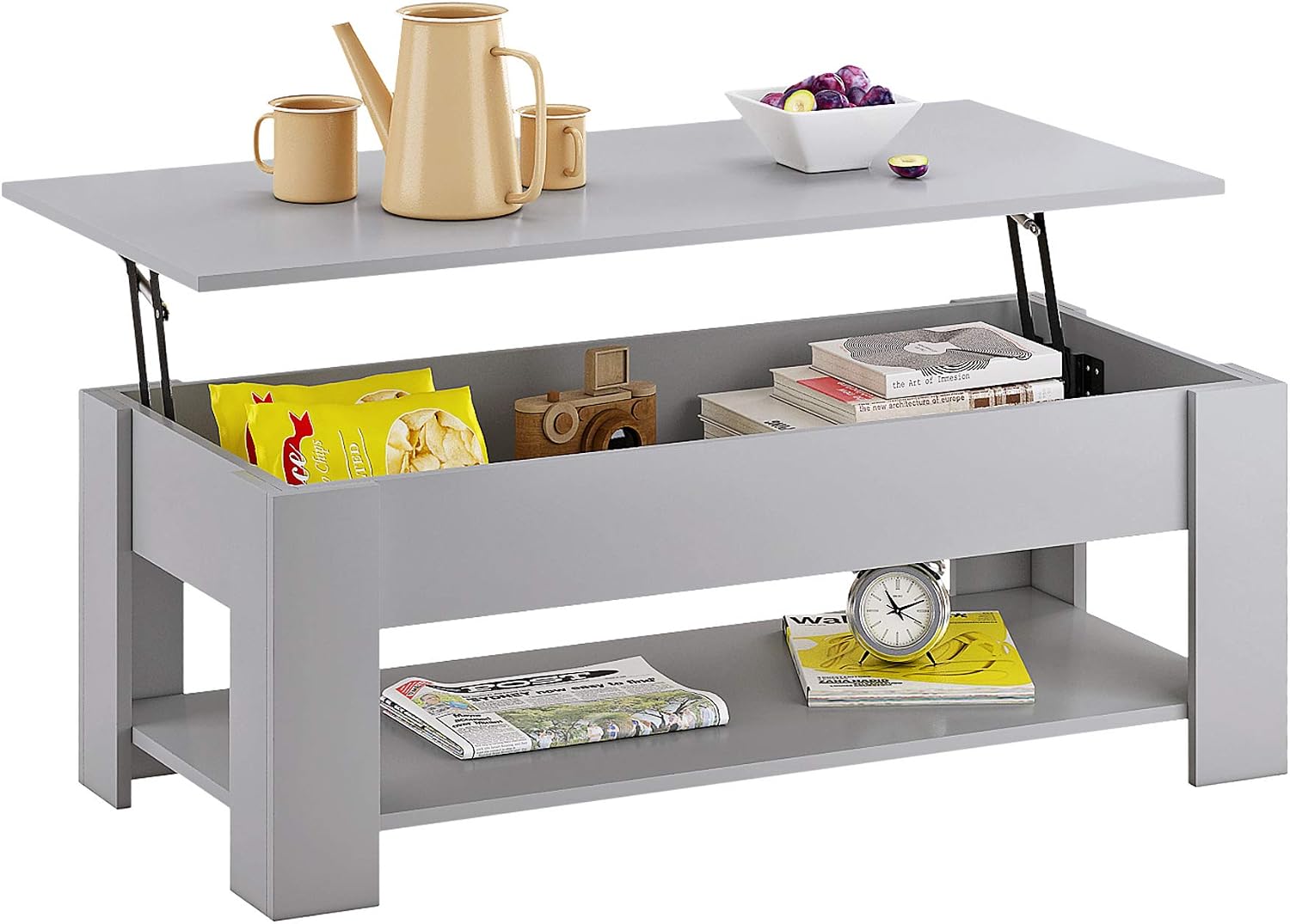 HOMEFORT Lift Top Coffee Table, Wood Cocktail Table with Hidden Compartment and Storage Shelves for Living Room, Reception Room (Grey)