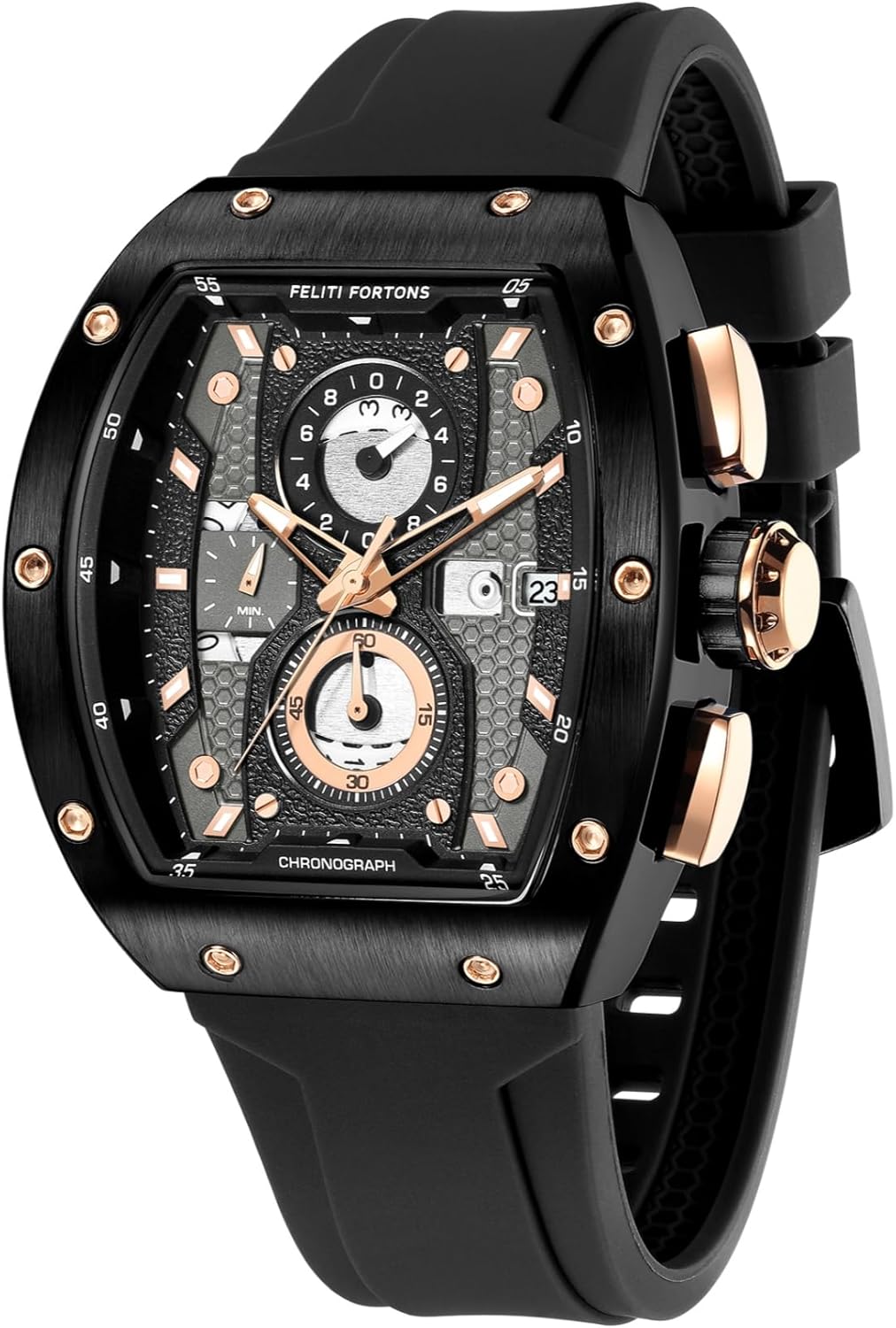 Mens Watches Sport Tonneau 3ATM Waterproof Chronograph Luminous Quartz Watches of Men Silicone Strap with Gift for Men
