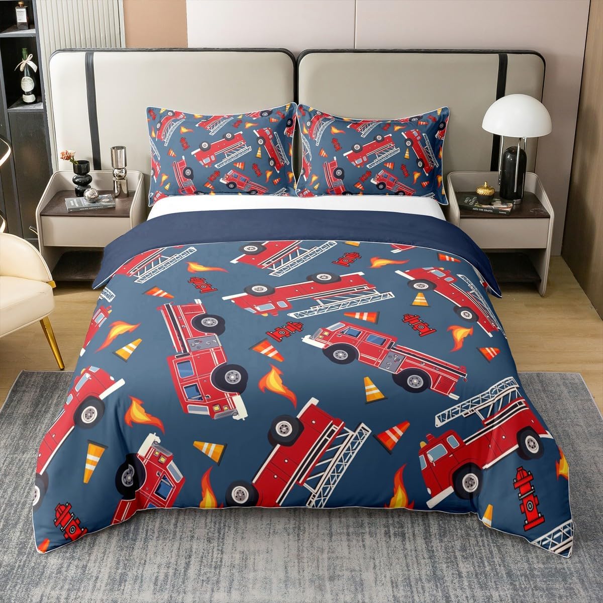 Castle Fairy Fire Truck Bedding Set Full Size Rescue Vehicles 100% Cotton Duvet Cover Cartoon Firefighter Bed Set Room Decor Fire Engine Comforter Cover with 2 Pillowcases Soft(Not Comforter)