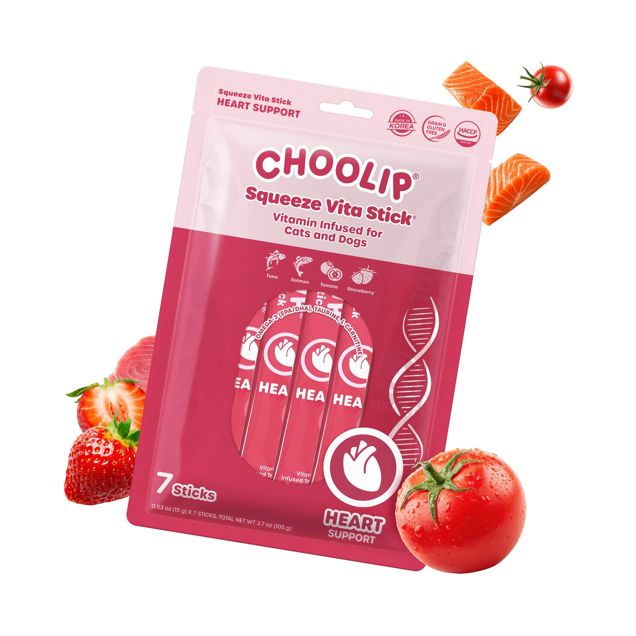 Choolip Squeeze Vita Stick Lickable Cat and Dog Treats, 7-Count Heart Support, Salmon and Tuna with CoQ10, Taurine and L-Carnitine, Grain-Free, Vet-Formulated
