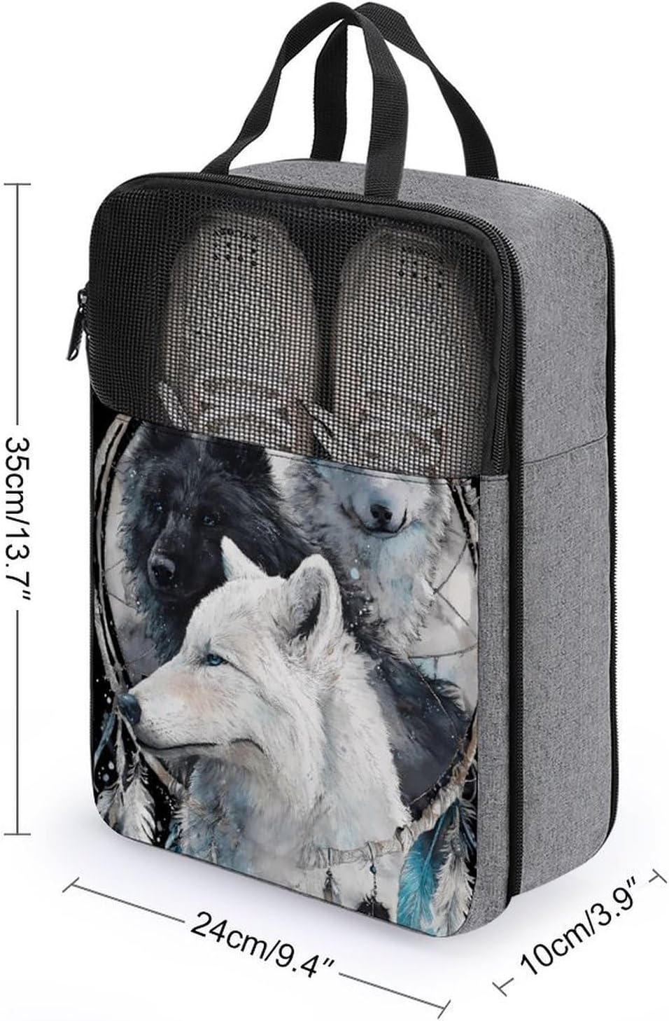 Wolf Dreamcatchers Blue Eyes Shoe Bag Organizer for Travel with Handle | printed,double zippered closure,for sneaker soccer cleats dance essentials