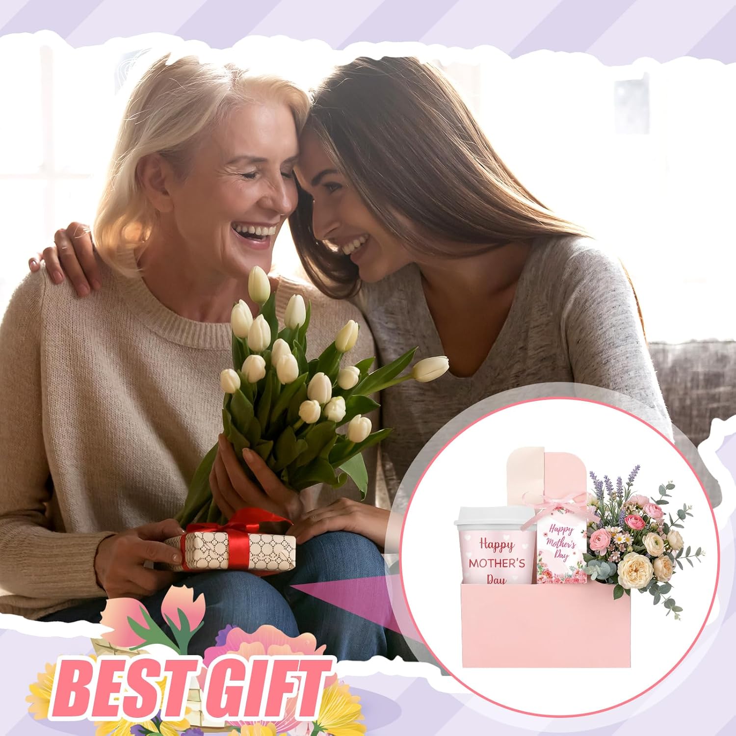 Havawish 12 Sets Christian Mother's Day Drink Carrier with Cups Cup Carriers with Handle Plastic Coffee Cups with Bible Verse for Church Gift Birthday(Bouquet)