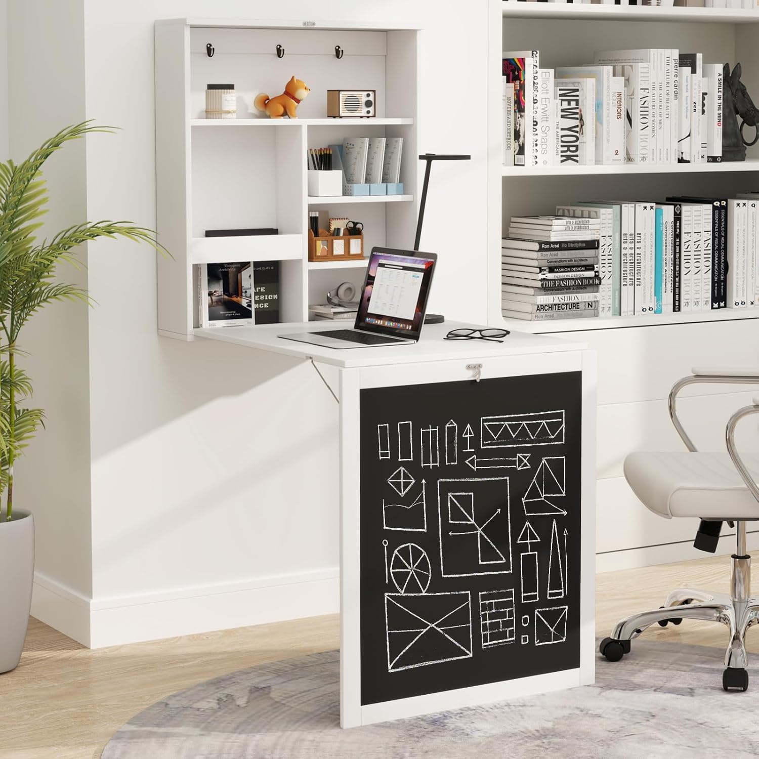 Tangkula Foldable Wall-Mounted Desk, Floating Desk with Chalkboard, Storage Shelves & Hooks, Space-Saving Murphy Table for Home Office, Bedroom, Dorm Room, Small Spaces