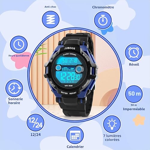 Juboos Montre Enfant avec Bracelet Imprimé et 7 Lumières Colorées,Montre Digitale Étanche pour Enfants avec Oreilles de Chat pour Garçons et Filles de 5 à 15 Ans - 2