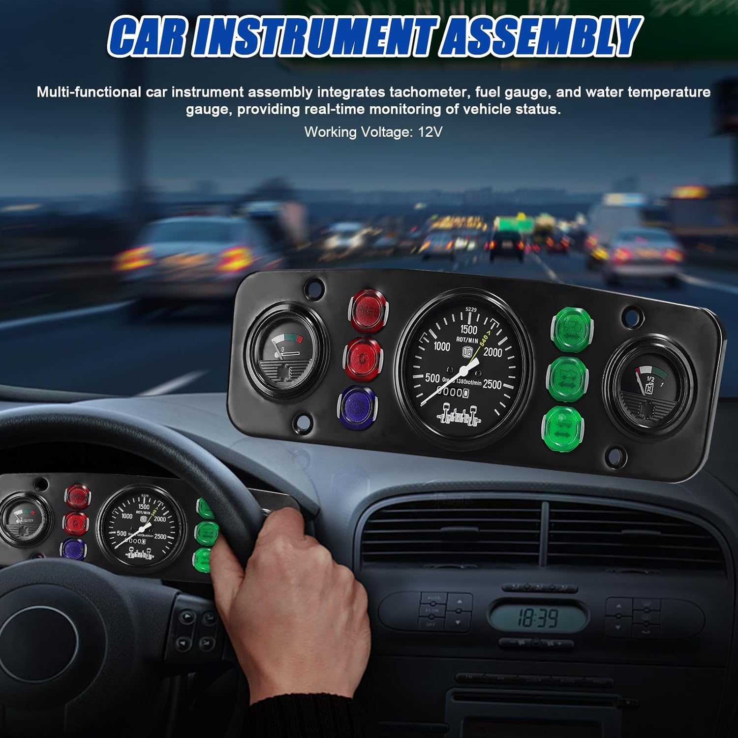 Multi Functional Car Instrument Gauge with Tachometer Fuel and Temperature Monitor - 12V Universal Automotive Assembly Featuring 6 Warning Lights for Real Time Vehicle Status