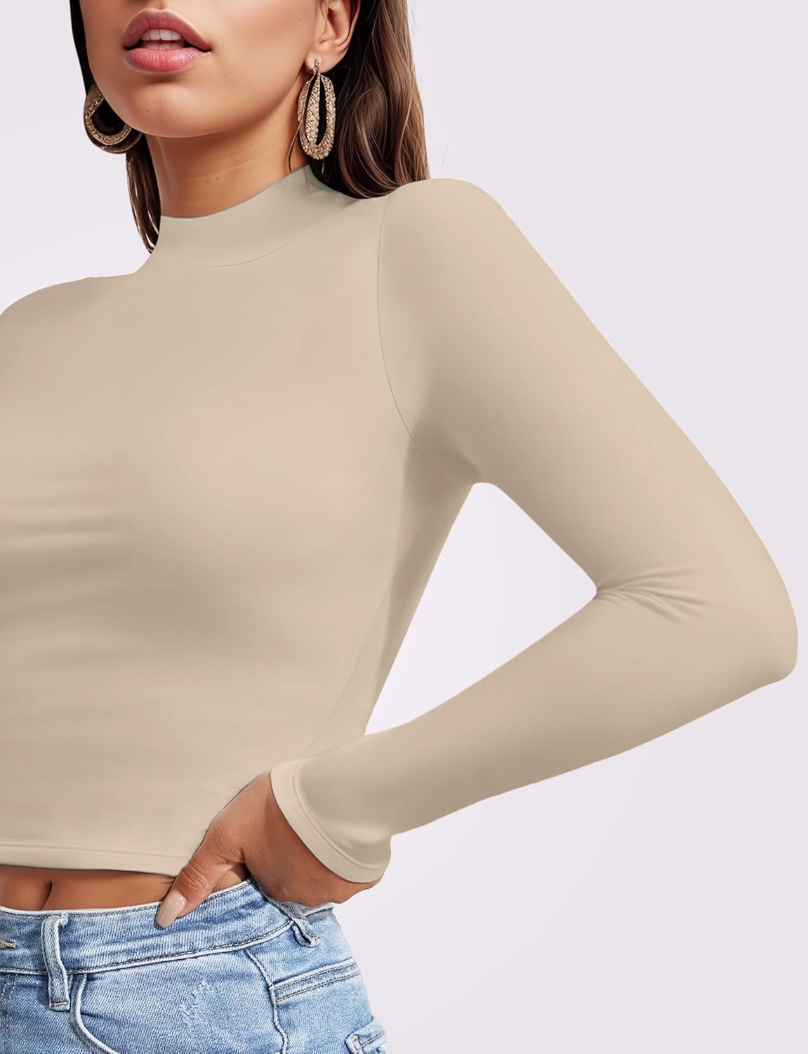 Womens Long Sleeve Crop Top Mock Turtleneck Sexy Slim Fitted Casual Base Layer Lightweight Soft Shirt Going Out Teen Sexy Top - Image 2