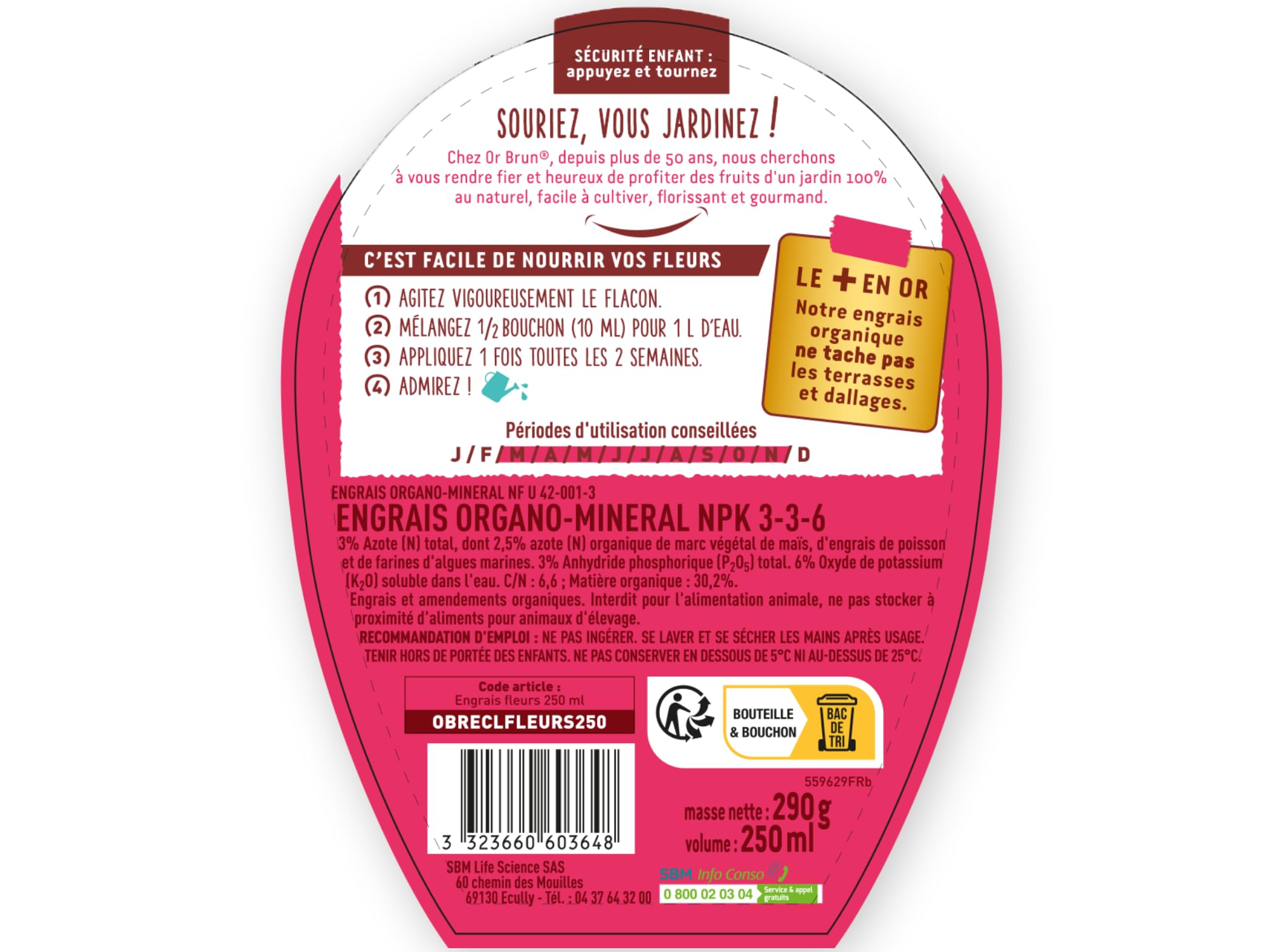 OR BRUN Engrais Fleurs - 250ml - Renforce Les Plantes & Améliore La Floraison - Fabriqué En France - Utilisable En Agriculture Biologique OBRECLFLEURS250