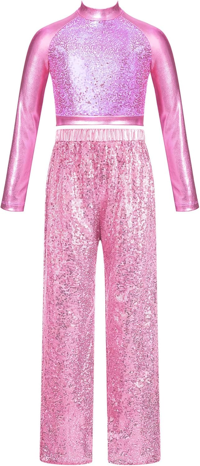 JEATHA Kids Girls 2-Piece Hip Hop Dance Outfits Shiny Metallic Long Sleeve Crop Tops with Sequins Pants Set