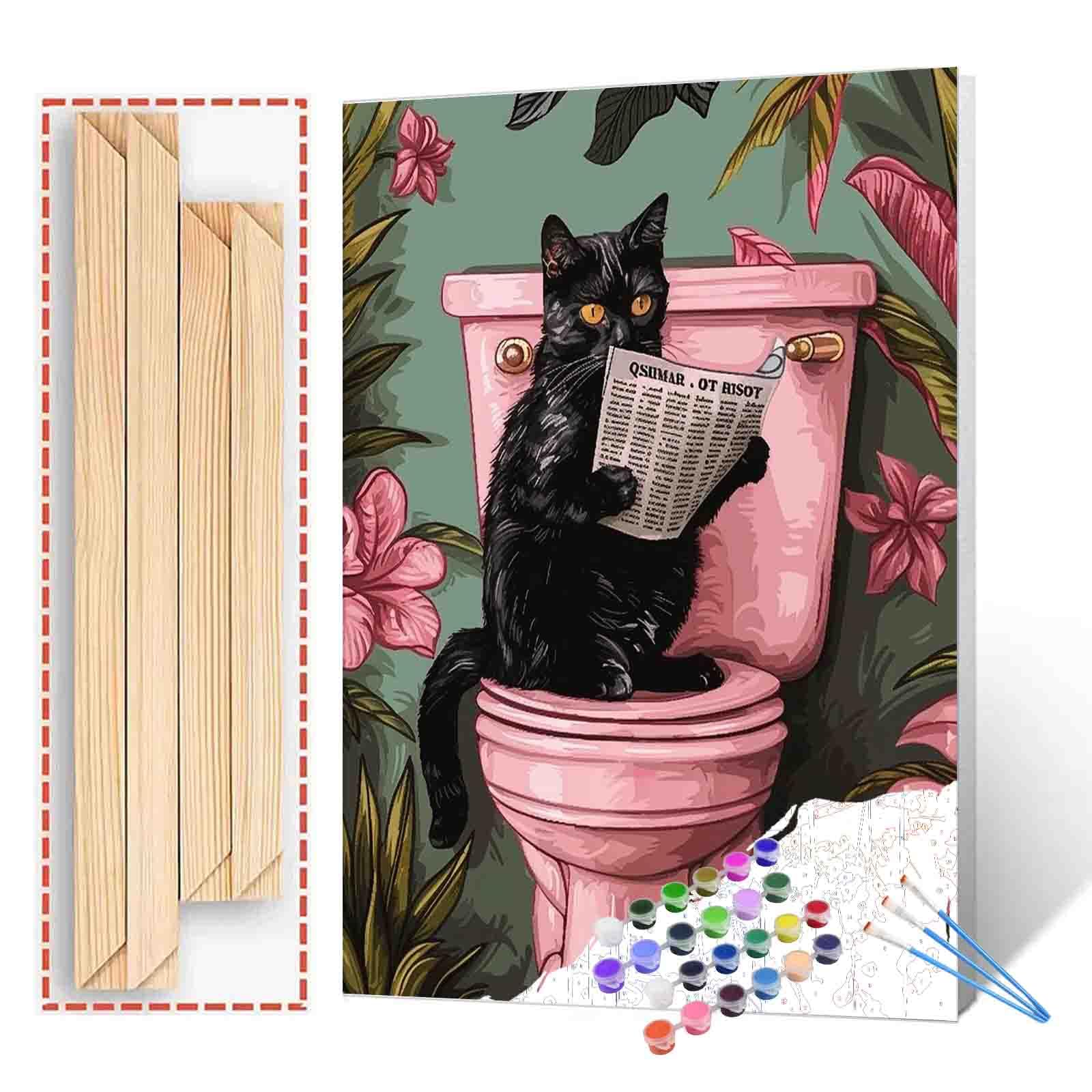 Tucocoo Paint by Numbers, Design: Black Cat on Toilet, with Brushes and Acrylic Pigments on Canvas, Painting for Adults, Kitten, Pink, Funny Bathroom Picture for Home, Wall Decoration