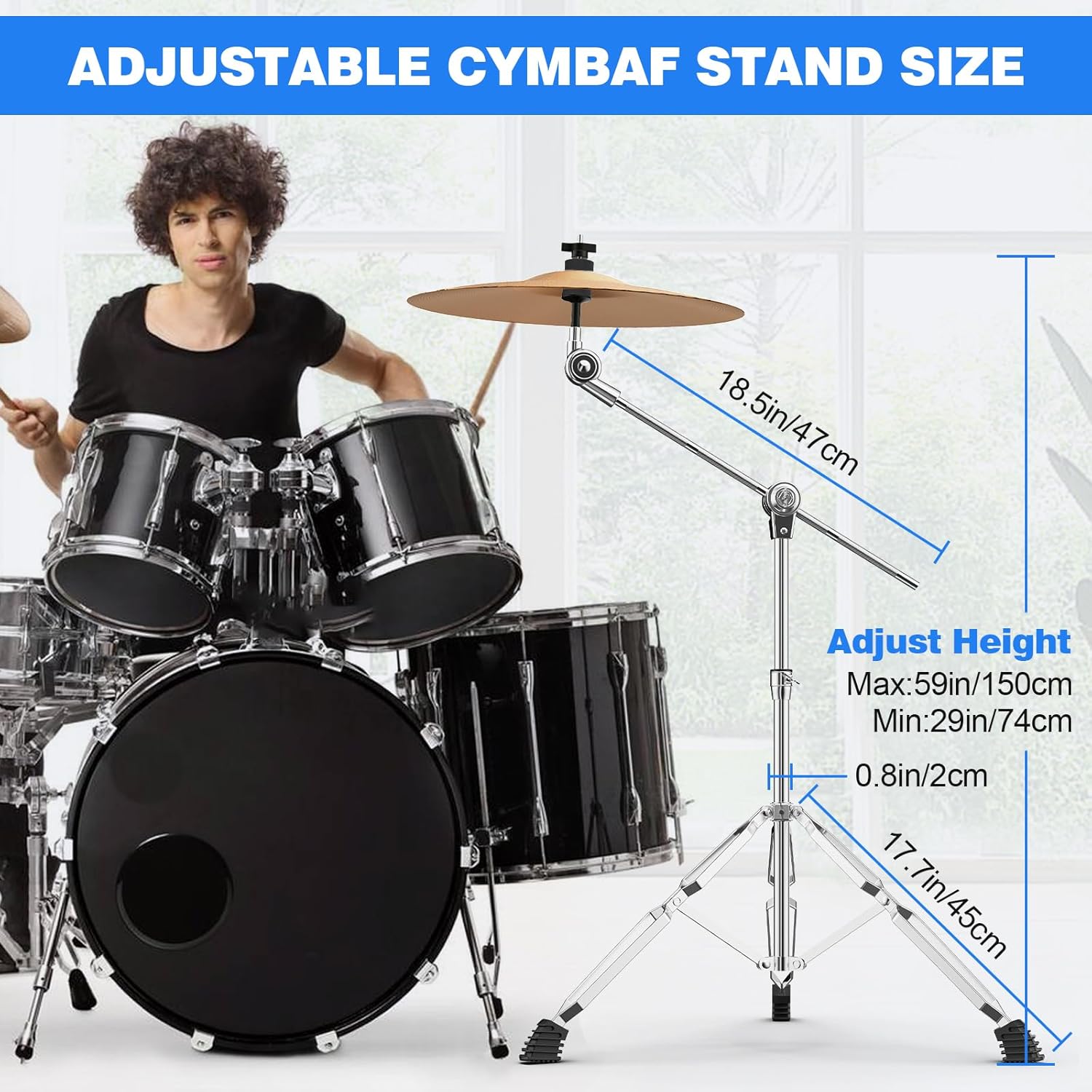 Boom Cymbal Stand, Adjustable Cymbal Stand Boom Stand for Drum Hardware Percussion Mount Holder Gear Set Drum Hardware Set, Double Braced Legs with Rubber Feet Ride and Crash Cymbal Stands
