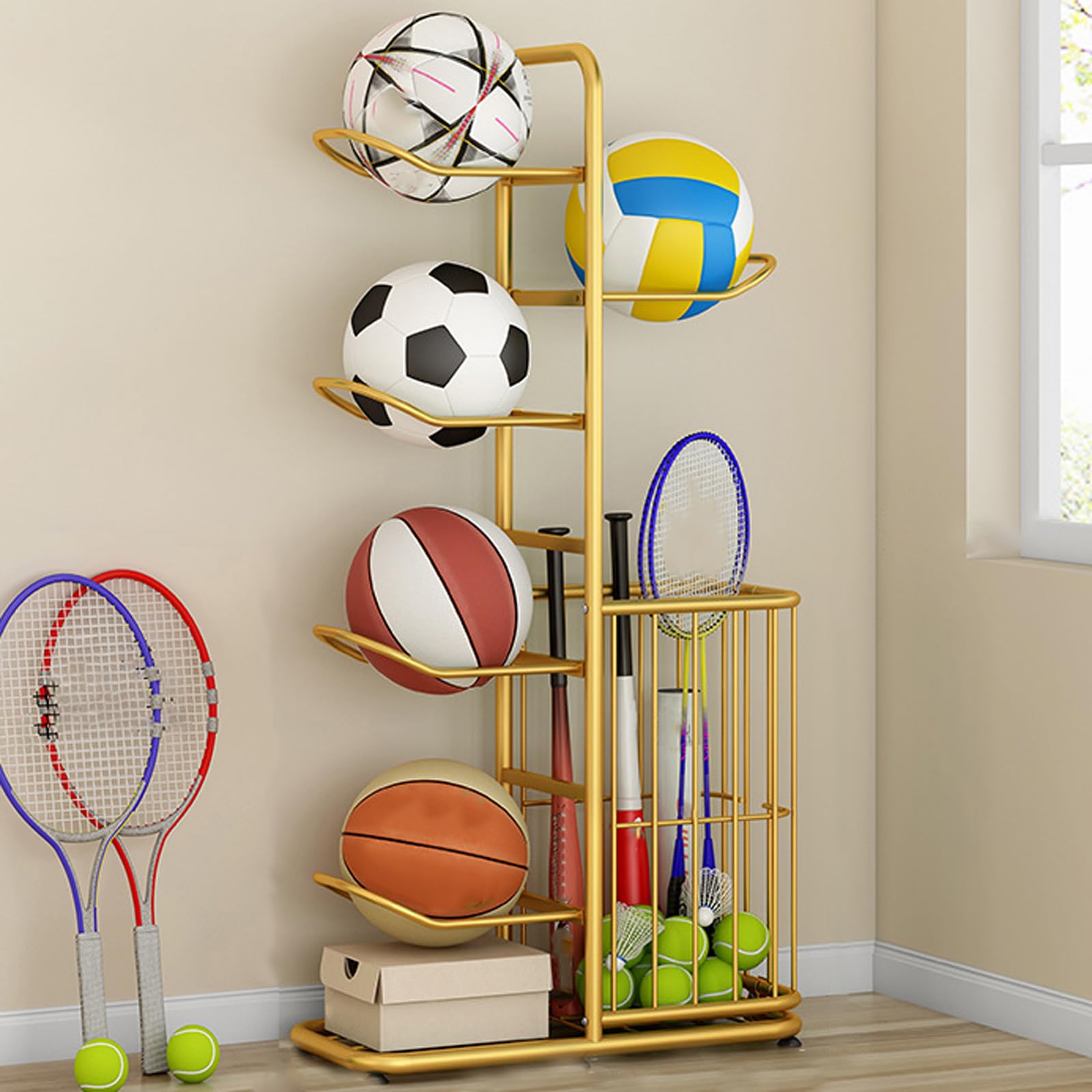 Soporte vertical para pelotas de fútbol para ordenar tu patio o garaje familiar