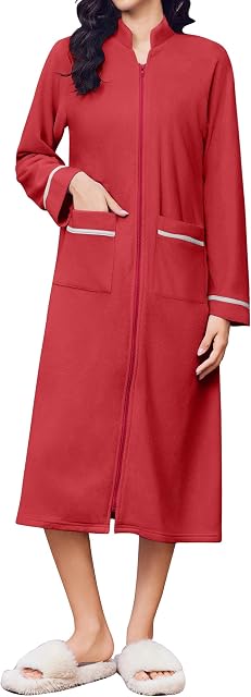 Ekouaer Robes à fermeture éclair manches longues Vêtements de salon manche Longueur manteau de maison Peigne de bain polaire avec poches S-XXL