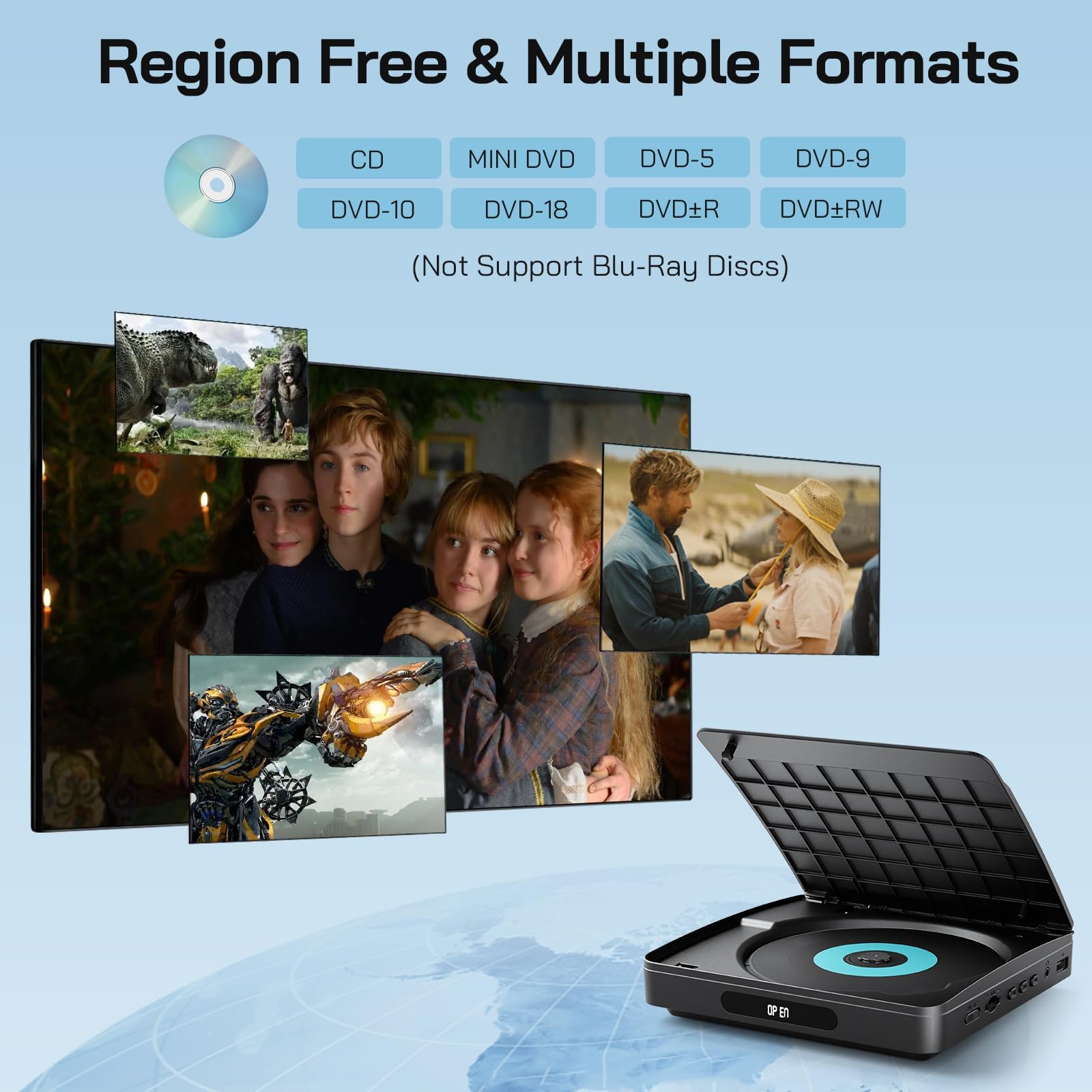 WOLFANG Lecteur DVD pour TV avec HDMI, Full HD Multi-région, télécommande et câble de Type C, Lecteur CD pour système stéréo Domestique, Port USB