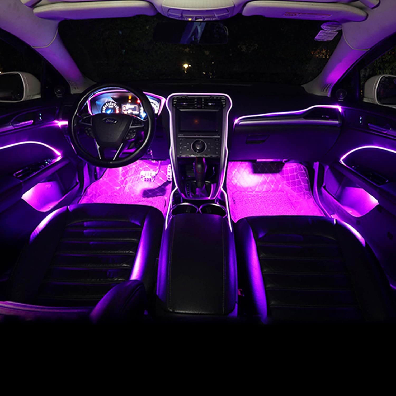 Car Interior Ambient Lighting Optic Fiber Cable RGB 64 Colors Multicoloured Music Car Footwell Lighting Kit with Cigarette Lighter and App Microphone, DC 12V-24V 1W 5m