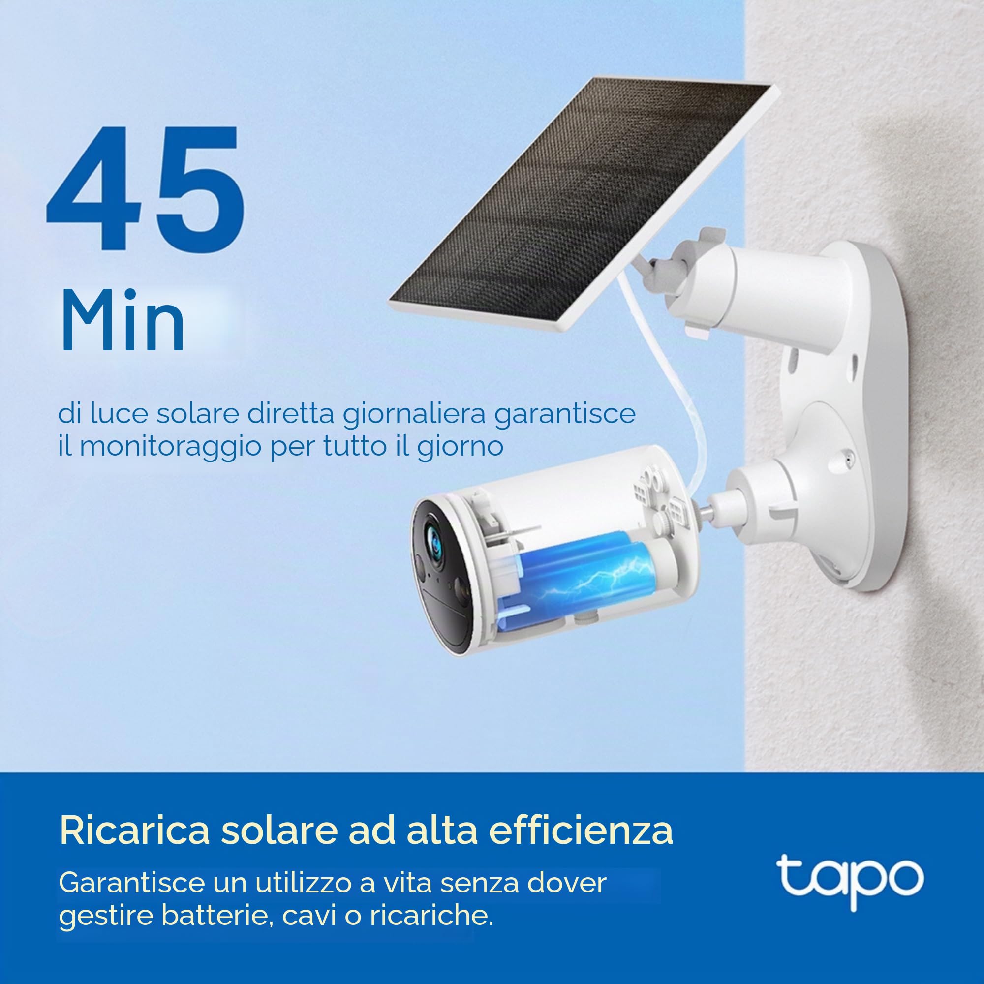 Tapo Pannello solare, installato in modo flessibile e regolazione dell'angolo, ricarica solare ad alta efficienza da 45 minuti per un uso giornaliero, impermeabile IP65, funziona con tutte le