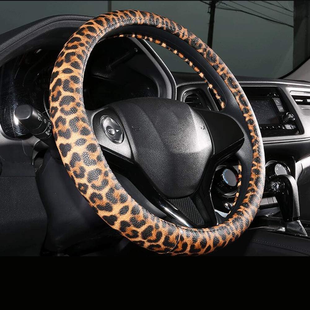 Leopard Print Non Slip Leather Car Steering Wheel Cover Universal 15 Inch Car Inteiror Accessories for Women (Leopard Black)