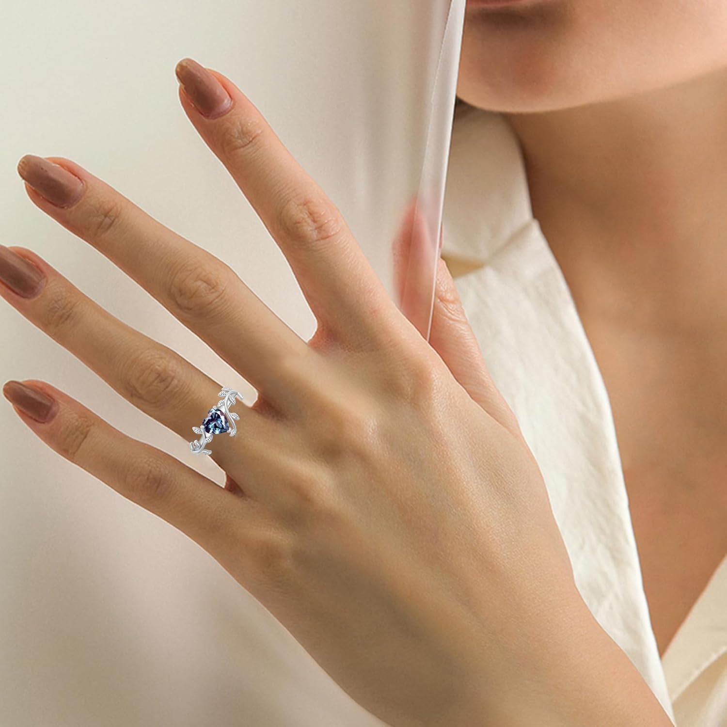 10K 14K 18K Gold Heart Gemstone Leaf Rings for Women 7MM(1.25CT) Gemstone Art Deco Inspired Branch Leaf Ring Promise Statement Engagement Anniversary Ring Unique Heart Ring for Her
